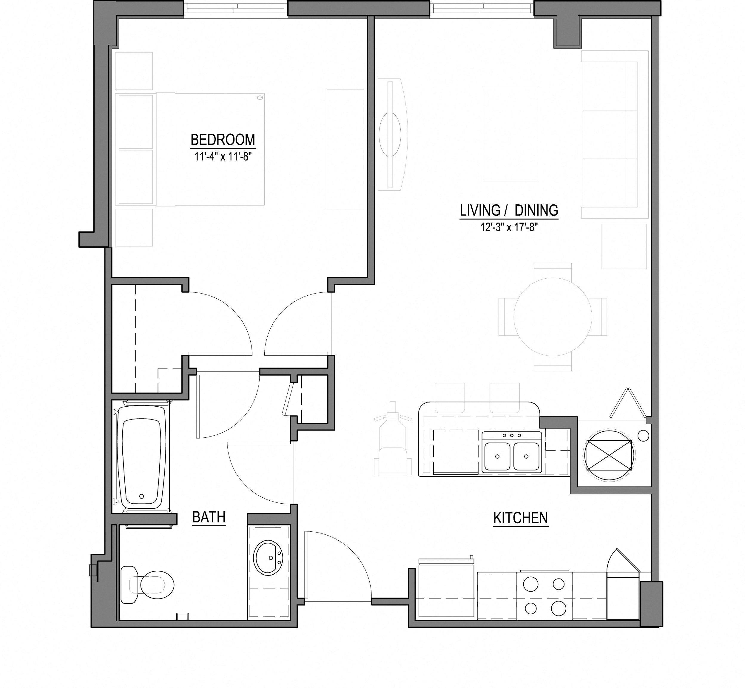 Floor plan for 1 bed, 1 bath, 688 sqft